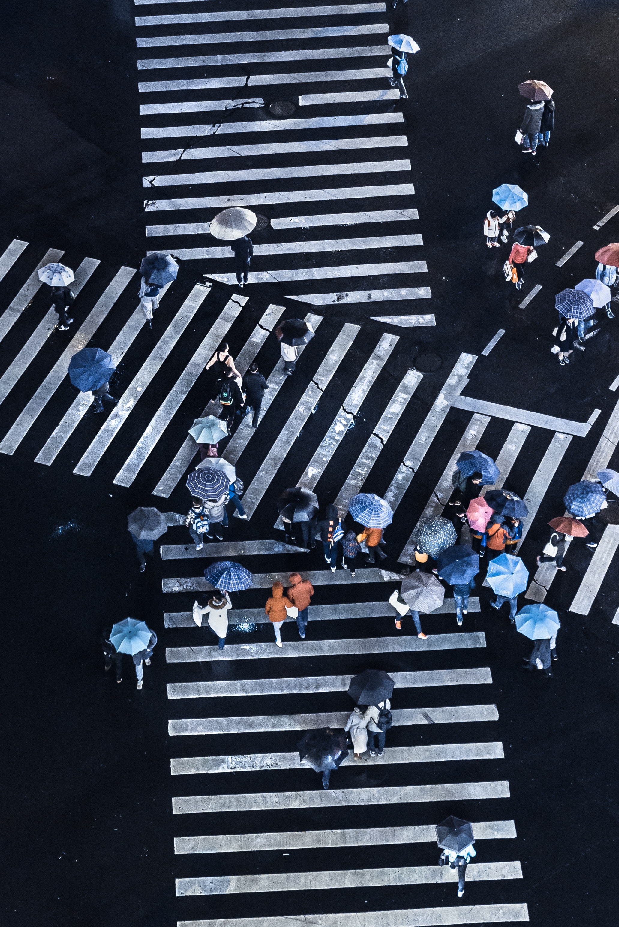 Menschen auf einer Kreuzung mit Regenschirmen